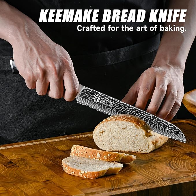 KEEMAKE Serrated Bread Knife, 8 Inch Japanese Damascus Kitchen Knife Wave Edge with G10 Ergonomic Handle, Cake Cutter Bread Slicing Knife for Sourdough Loaf Ciabatta