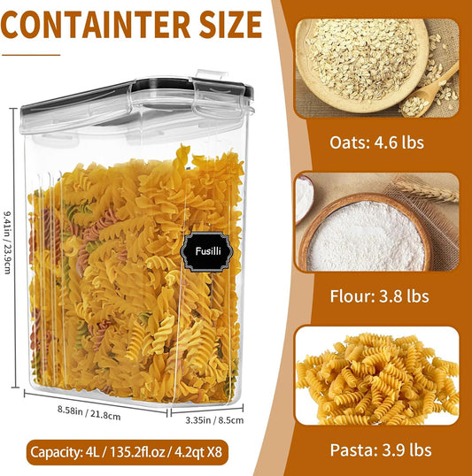 Cereal Containers Storage Set (4L / 135.2oz), 8PCS Airtight Food Storage Containers with Lids, Cereal Dispensers for Kitchen Pantry Organization and Storage with Pour Spout, 20 Labels, Marker