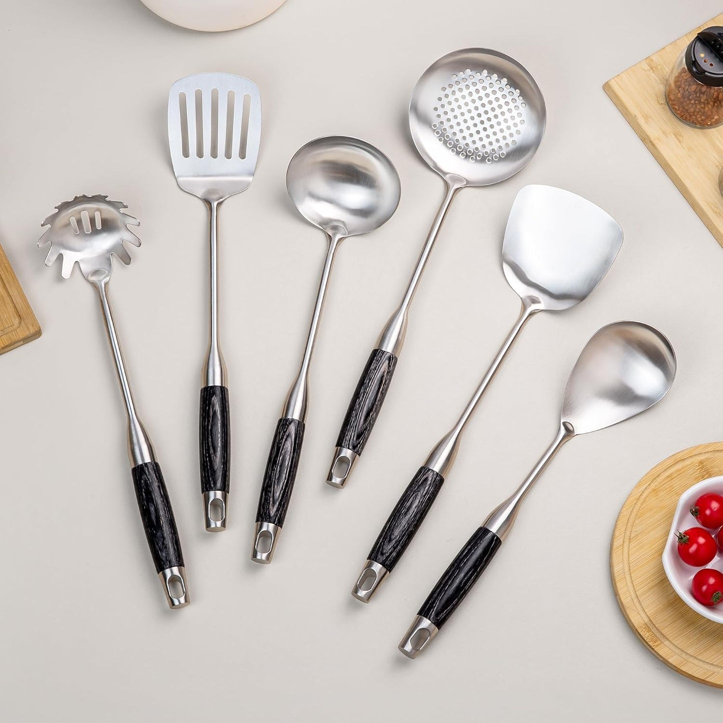 FJNATINH Stainless Steel Kitchen Utensils, Set of 6 Cooking Tools with Wooden Handle, Wok Spatula, Soup Ladle, Skimmer Spoon, Slotted Spatula Turner, Spaghetti Server, Solid Spoon