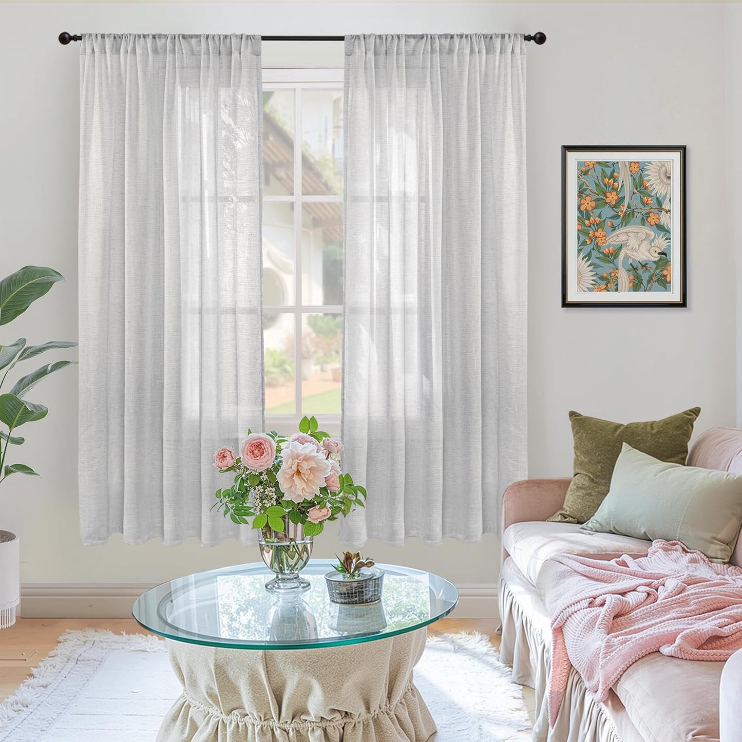 BGment Light Grey Linen Curtains 63 Inches Long for Bedroom Windows, Sheer Drapes Lightweight Rustic Country Textured for Farmhouse Living Room Decor Rod Pocket, 2 Panels Set, Each 42 Inch Wide