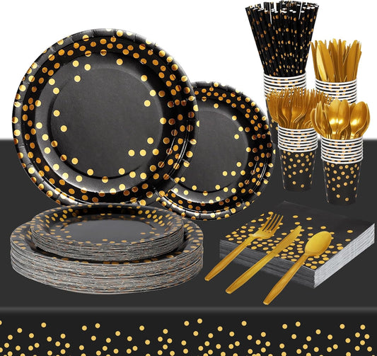 Paper Plates and Napkins Set, 193 Pieces Black Gold Party Supplies Includes Paper Plates Cups Napkins Straws and Cutlery for Birthday Wedding Holidays Parties Decorations-24 Guests