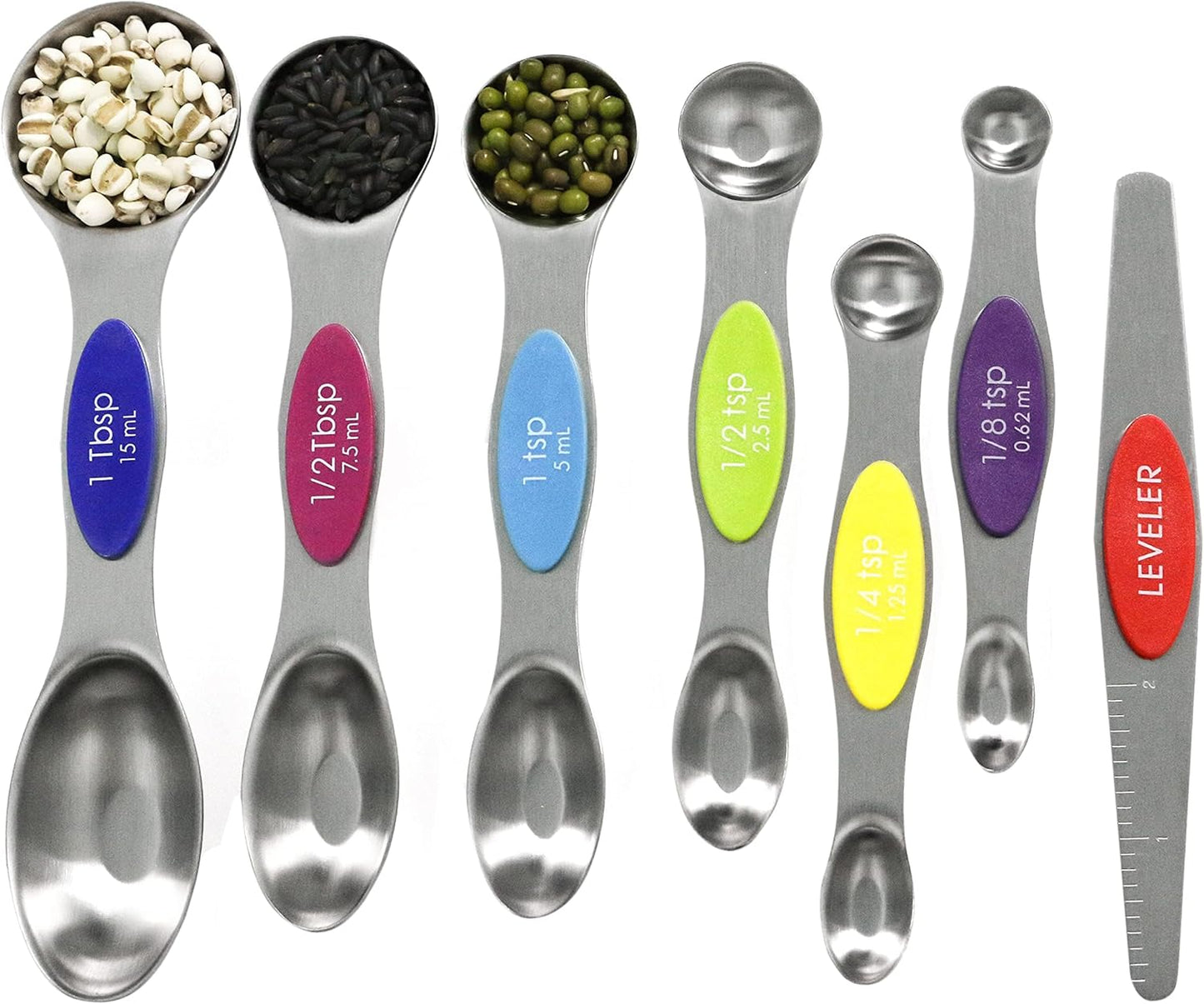 Multicolor Magnetic Measuring Spoons Set with Leveler - Stainless Steel, Stackable, Fits Spice Jars - For Baking Kitchen