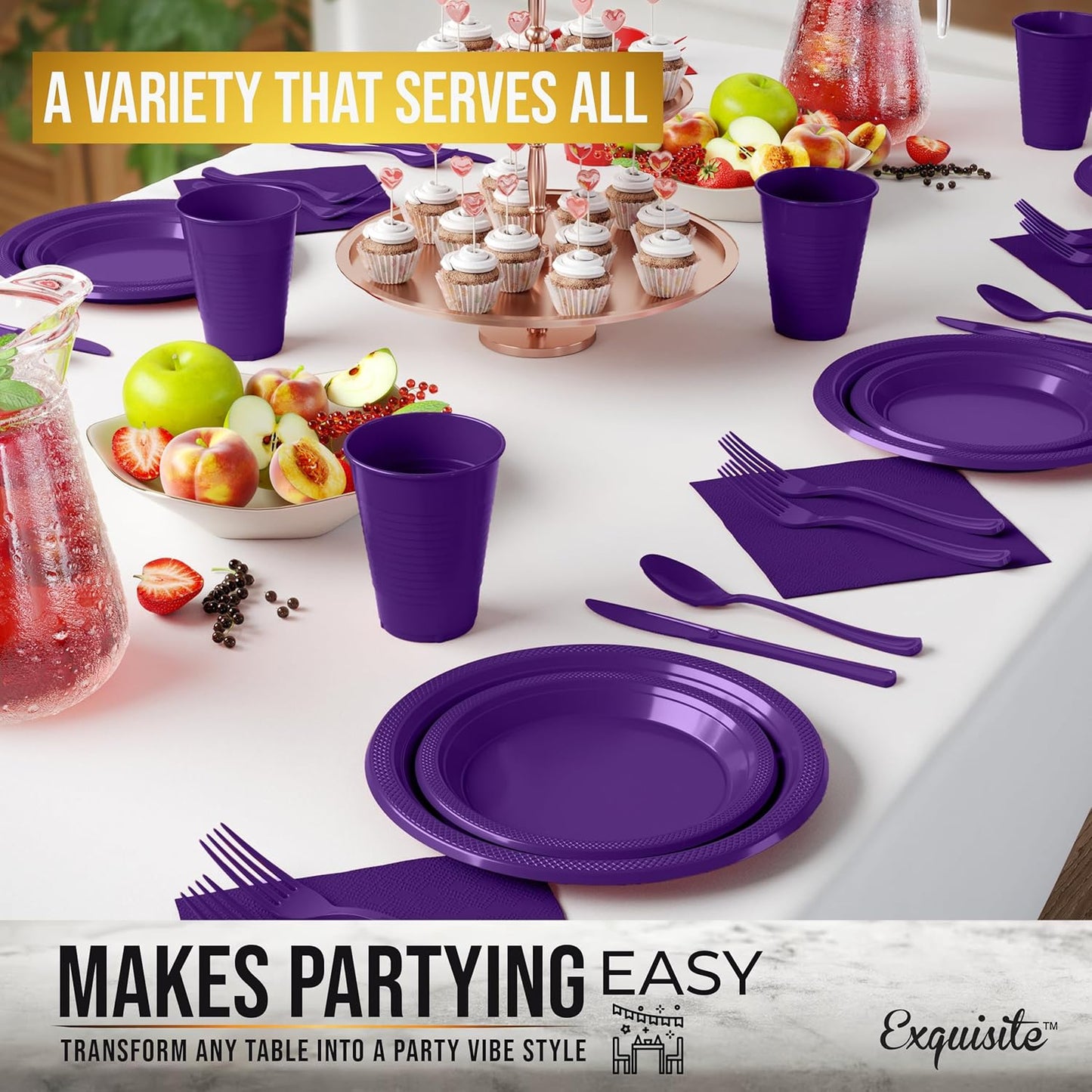 Party Solids 350 Pieces Purple Plastic Plates For Party, Purple Disposable Plates Set, 50 Of Each 9" Dinner Plate Set, 7" Dessert Plate, Cups, Napkins & Cutlery Plastic Dinnerware