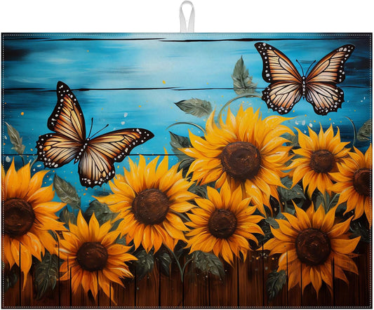 Sunflower Butterfly On Wooden Board Dish Drying Mat for Kitchen Counter Drying Pad Absorbent Reversible Dish Drainer Rack Mats Draining Pad 18"x24"Inch