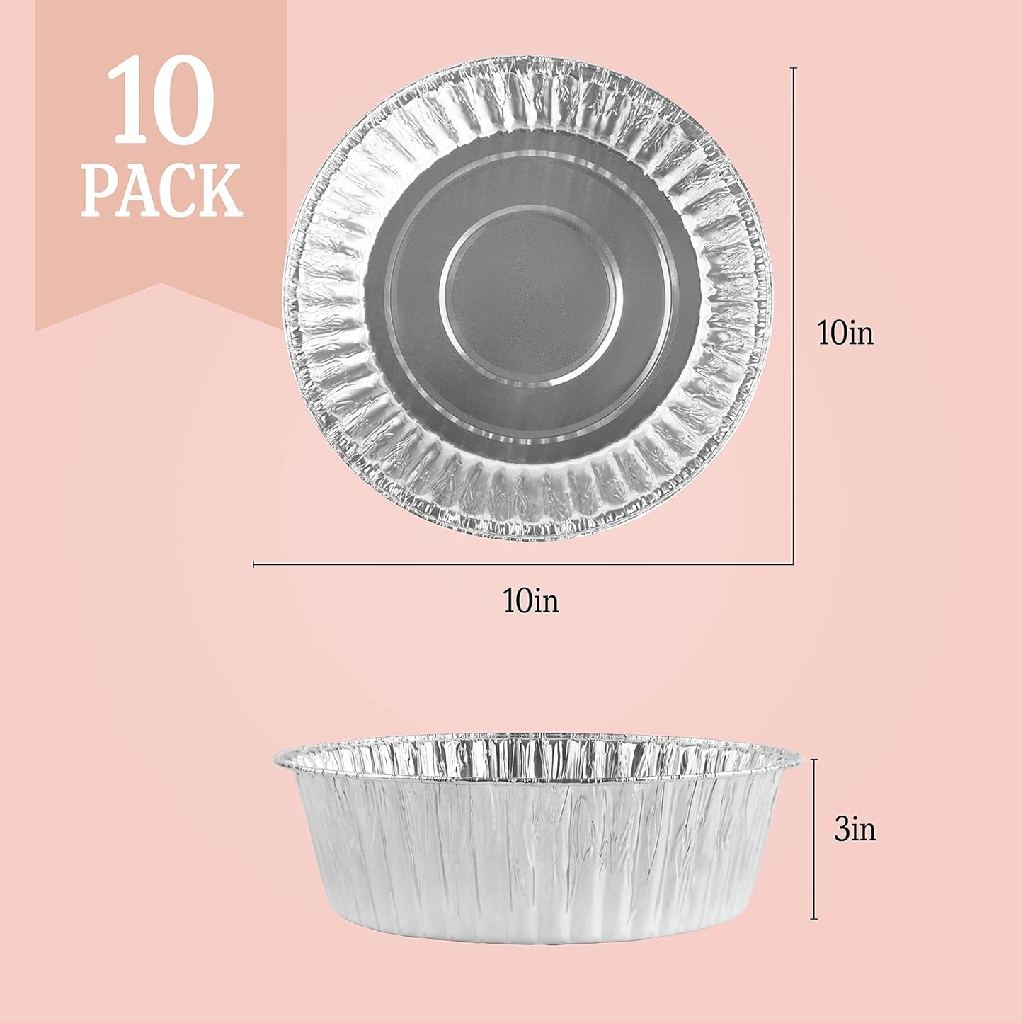 PLASTICPRO 10'' Inch Round Tin Foil Pans Disposable Aluminum, Extra Deep Freezer & Oven Safe - For Baking, Cooking, Storage, Roasting, & Reheating, Pack of 10