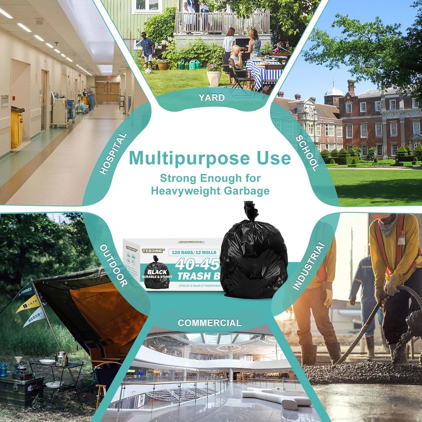 40-45 Gallon Black Trash Bags 120 Count - 37''x45'' Large Garbage Bags Unscented, 40+ Gallon Trash Can Liners, Multipurpose for Office, Outdoor, Recycling and Commercial