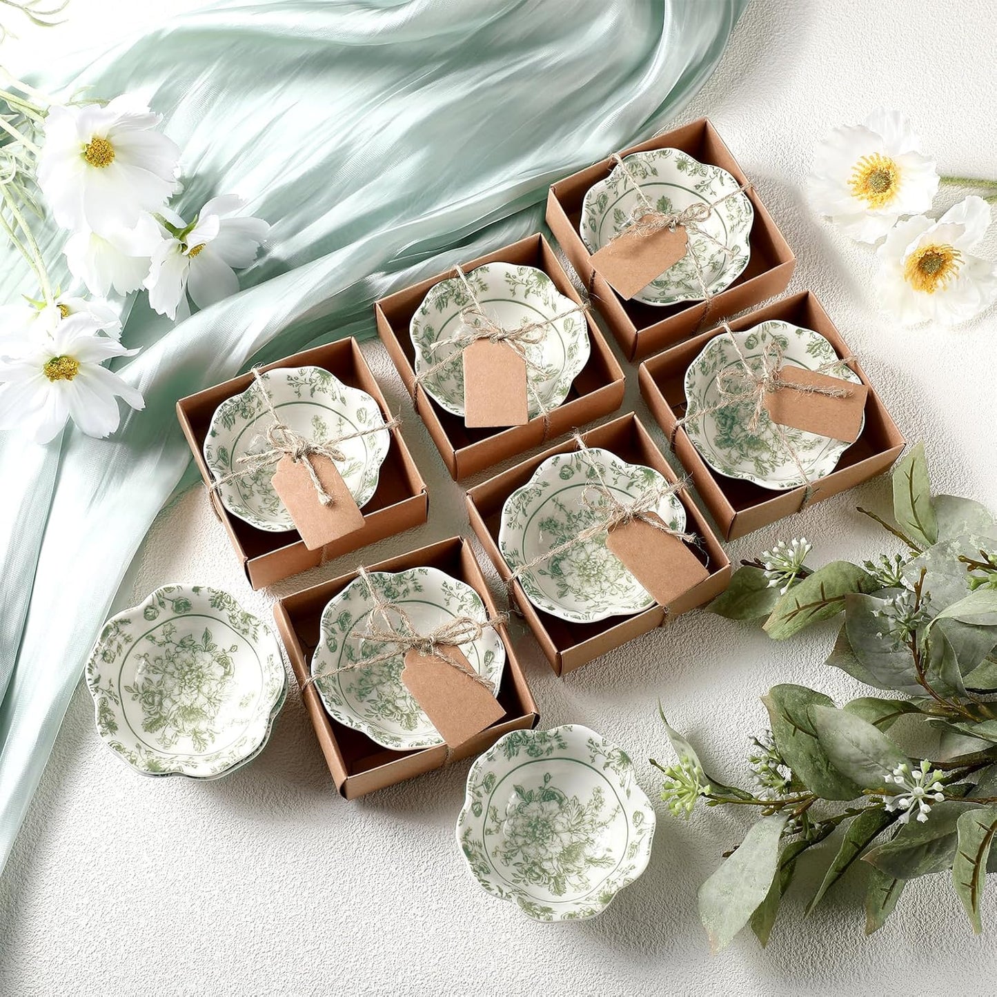 12 Pcs Wedding Favors for Guests Small Ceramic Bowl Bulk Gifts Set 3.3 Inch Floral Design Mini Dipping Bowl Sauce Dish with Cards Box for Bridal Baby Shower Birthday Guest Gift (Sage Green)