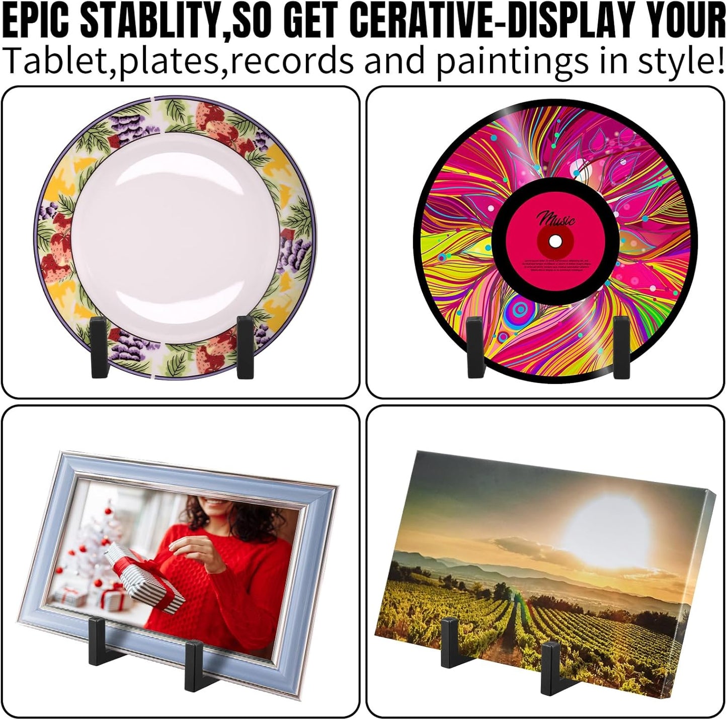 Sweetude 2 Pcs Large Plate Stands for Display Metal Frame Plate Holder Display Stand Decorative Table Top Easels for Picture, Book, Platter, Photo Easel(Black,8 Inch)