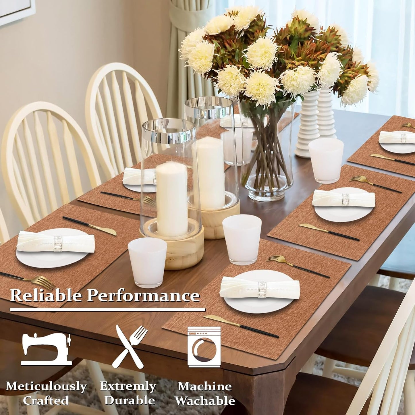 Cloth Placemats Set of 4, Cotton Linen Blend Machine Washable Double Layered Place Mats, Heat Resistant Placemats Wrinkle Free Thick Fabric Dining Table Mats for Indoors & Outdoors (Flaxen, 4)