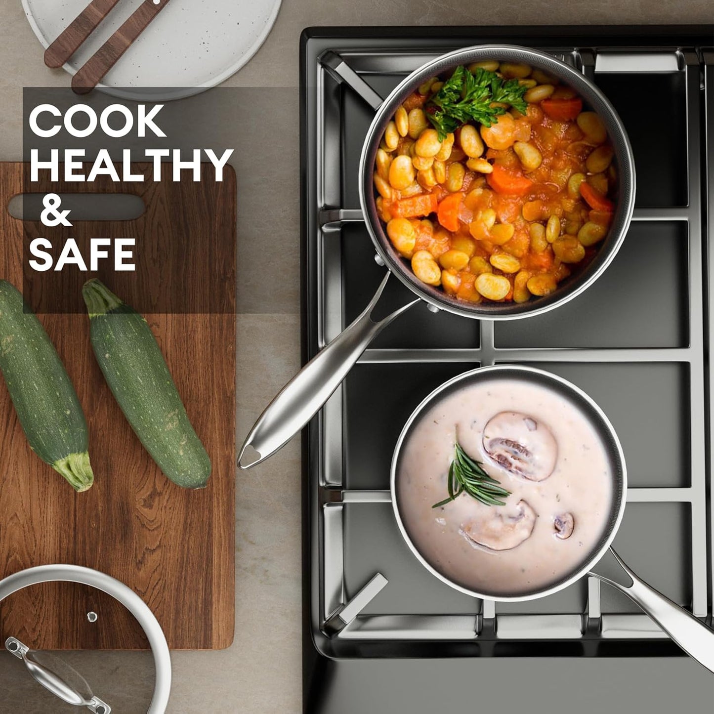 COOKER KING Sauce Pan Set, 1.5 QT & 2 QT Saucepan with Lid, Hybrid Ceramic Nonstick Saucepan, non stick Sauce pot, Stainless steel Cookware, Induction Compatible (PFAS/PFOA/PTFE Free)