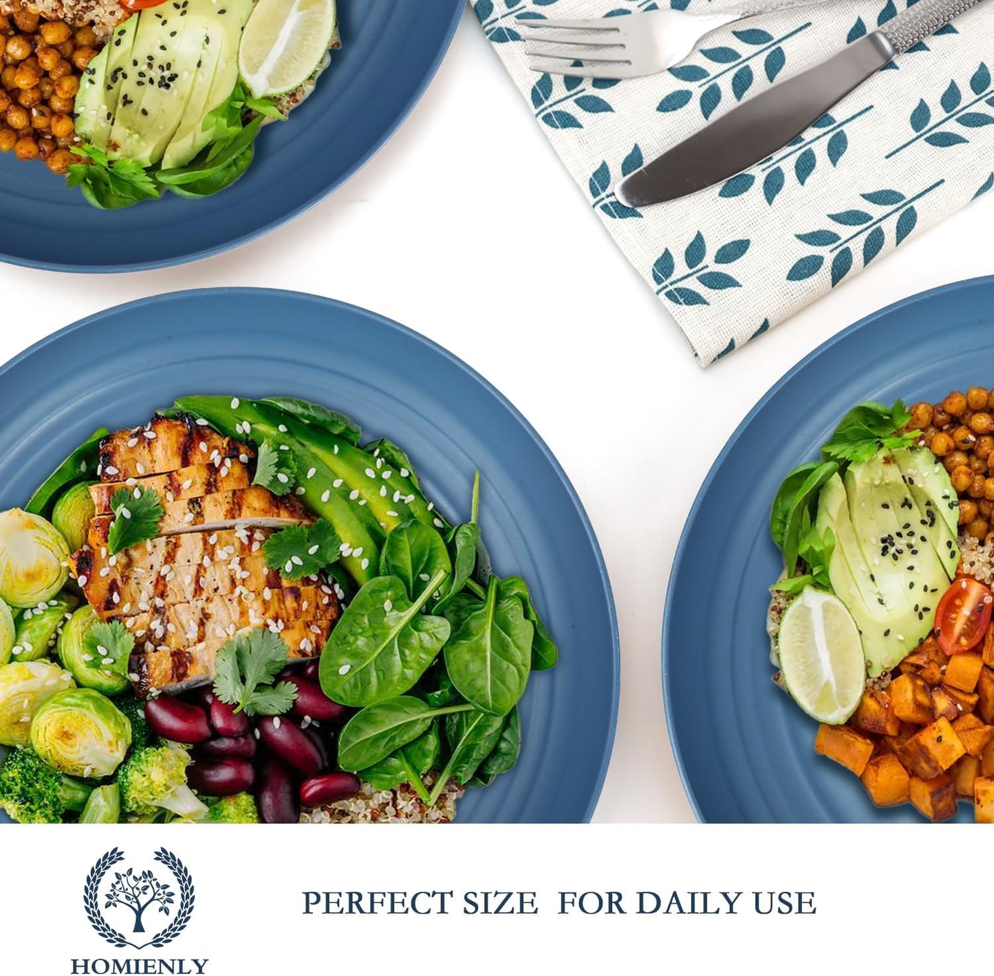 Homienly Deep Dinner Set of 12 - Alternative for Plastic, Microwave and Dishwasher Safe Wheat Straw Plates for Kitchen, Unbreakable Kids (Blue, 9 Inch)