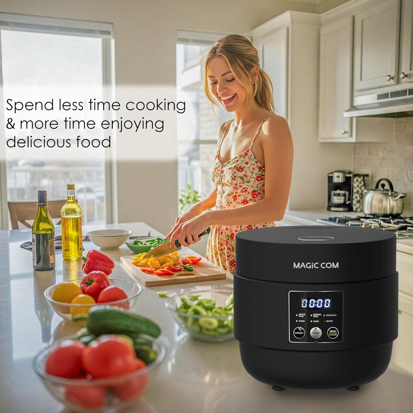 MAGiC COM Rice Cooker 4 Cup(Uncooked) 8 Cup(Cooked), Small Rice Cooker with Steamer, One Touch Healthy Cooking & Warmer, Slow Cooker with Nonstick Inner Pot, 24 Hour Delay Timer, Grain Cooker/Black