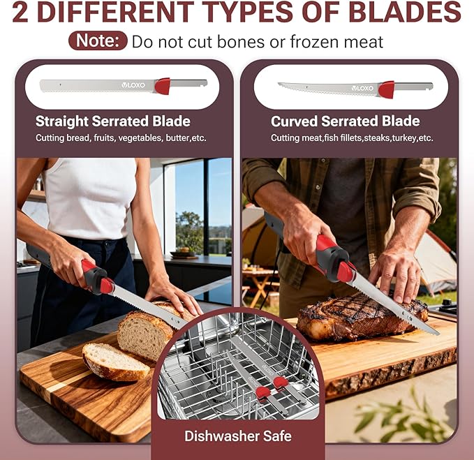 VLOXO Electric Knife for Meat Slicing, Rechargeable Electric Carving Knife with 2 Stainless Steel Blades Safety Lock Ergonomic Handle Cordless electric knives for Fish Fillet Steak Bread Turkey