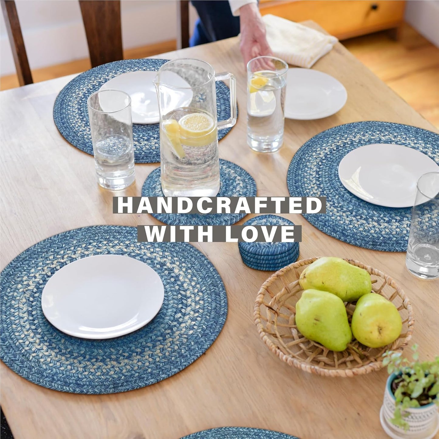 Homespice Denim Round Braided Placemats, Country Coastal Decor, Set of 2, 15" Blue Jute Table Mats - Vibrant Colors, Durable, Easy to Clean and Protects Furniture