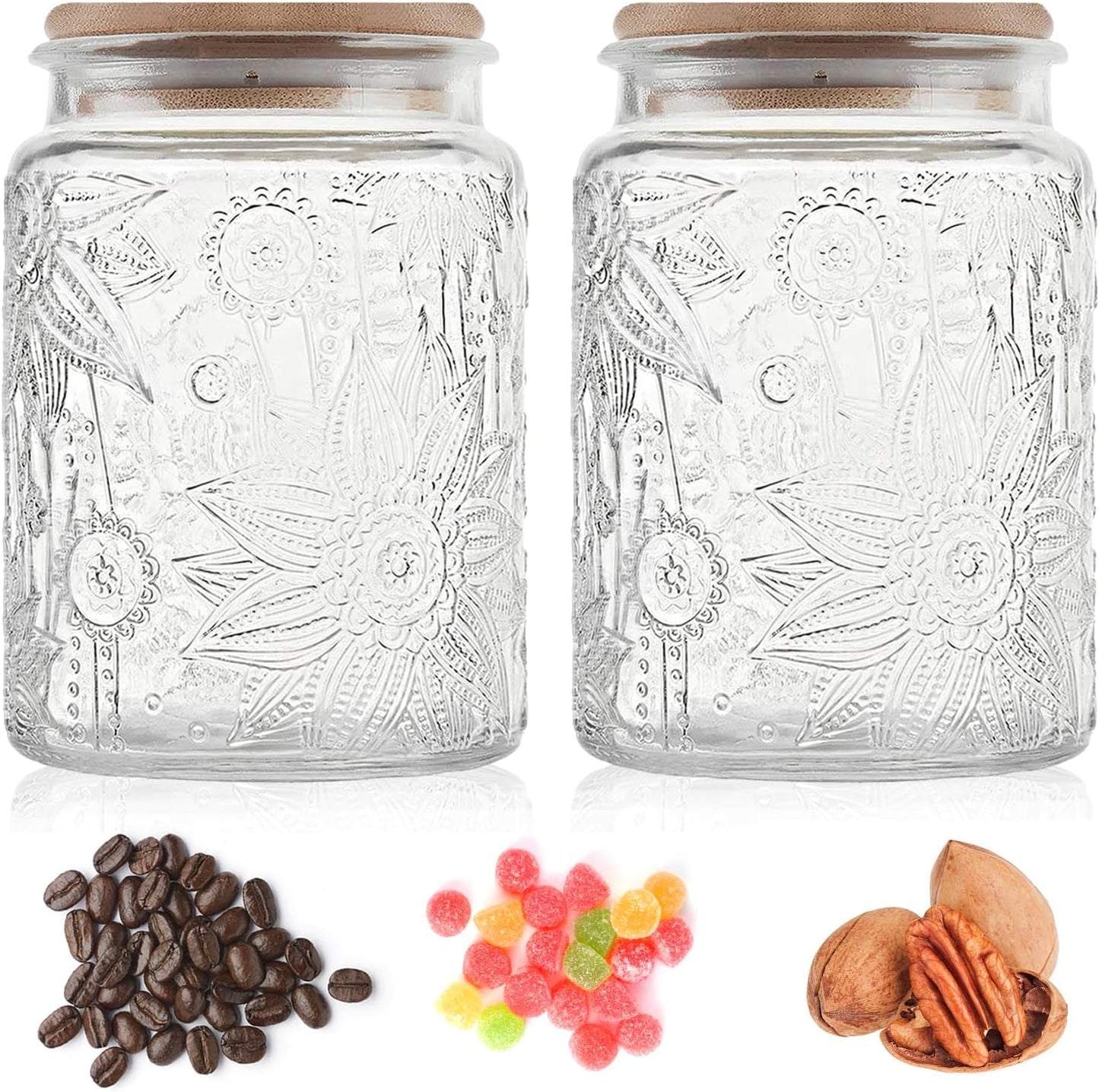 23.7 fl oz Airtight Glass Storage Jar with Bamboo Lid - Vintage Glass Jar Vintage Food Containers Canisters Set for Kitchen Counter, Ideal for Candy, Sugar, Coffee, Tea,Cute (Sunflower*1)