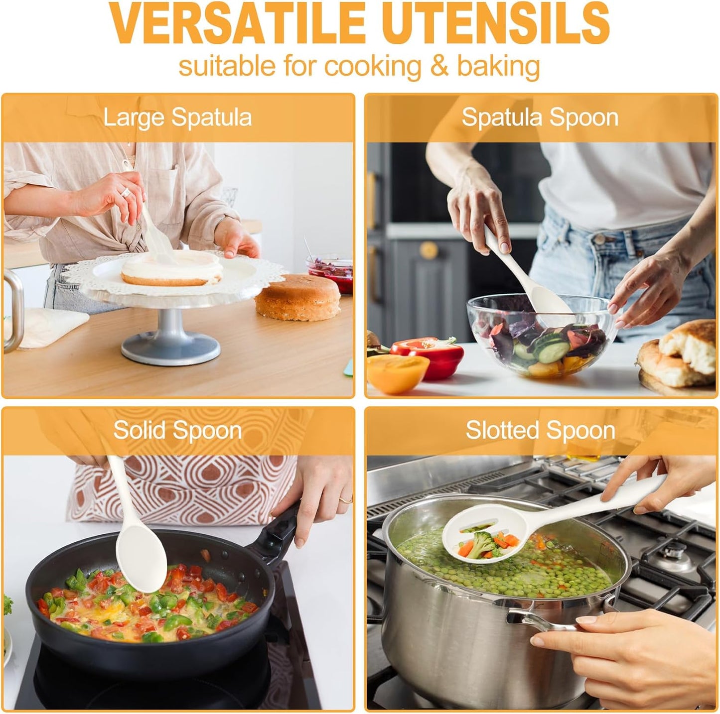 TeamFar Silicone Cooking Utensils Set, 7-Piece Heat Proof Kitchen Utensils Set, Kitchen Tools Spatula Turner Ladle Spoon Pasta Fork for Nonstick Cookware, Non-Toxic & Dishwasher Safe, White