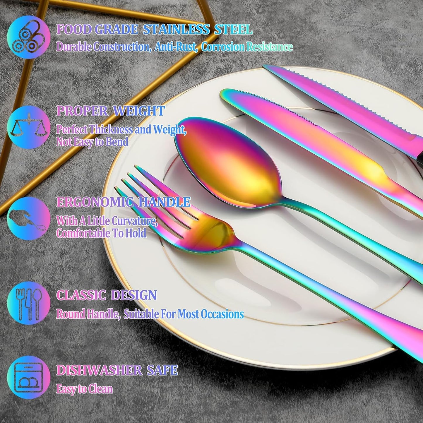 72 Pcs Rainbow Silverware Set with Steak Knives Service for 12,Stainless Steel Flatware Set,Mirror Polished Cutlery Utensil Set, Kitchen Eating Tableware,Include Fork Knife Spoon Set,Dishwasher Safe