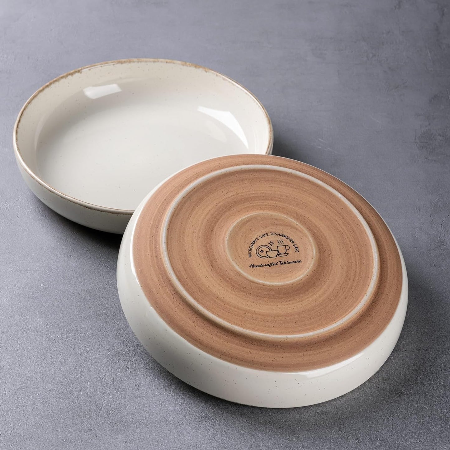 AmorArc 8.75'' Large Ceramic Pasta Bowls, 36oz Handpainted Stoneware Bowls Set of 4, Microwave&Dishwasher Safe Bowls with Wavy Rim&Rustic Terracotta Underside for Pasta Salad, Handbrush Rim