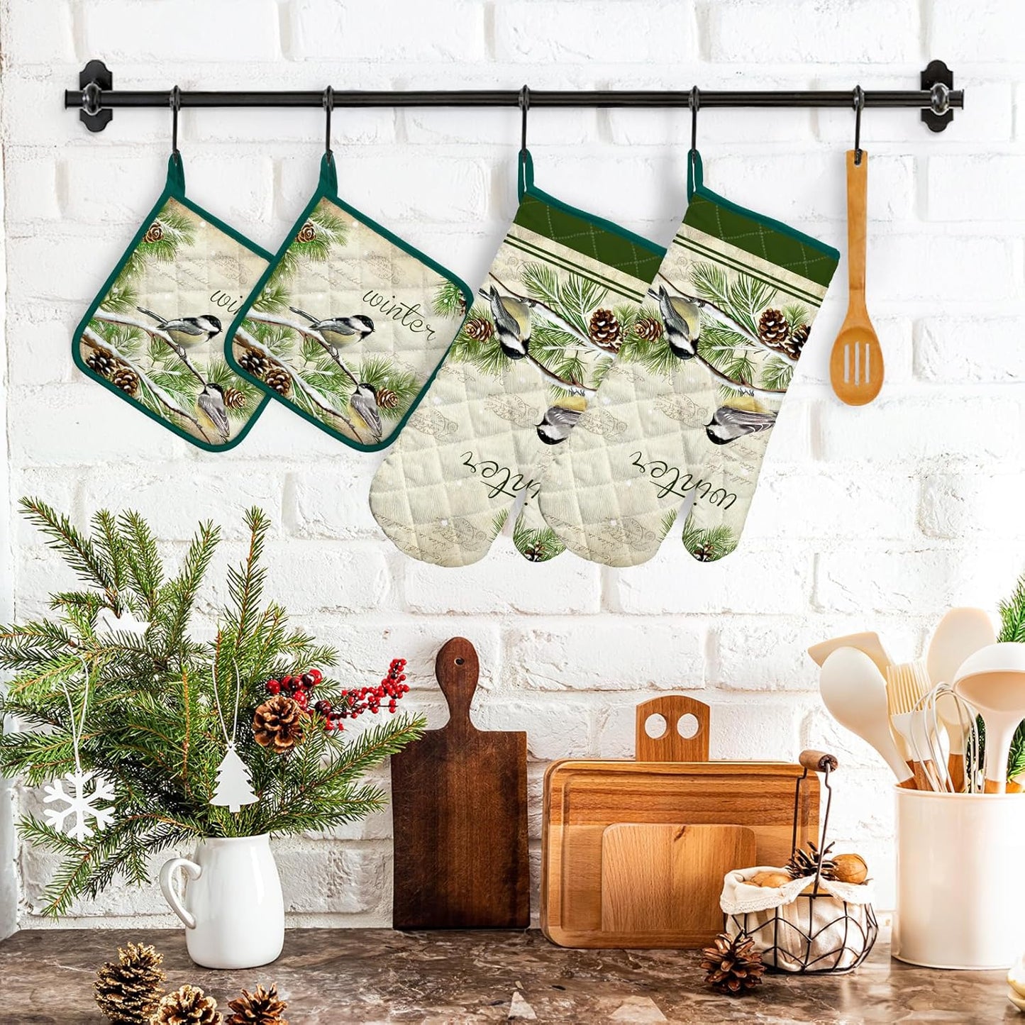 Winter Bird Leaf Oven Mitts and Pot Holders Sets 4Pcs, 100% Cotton Heat Resistant, Extra Long Oven Gloves Potholder for Kitchen Cooking Baking Decoration