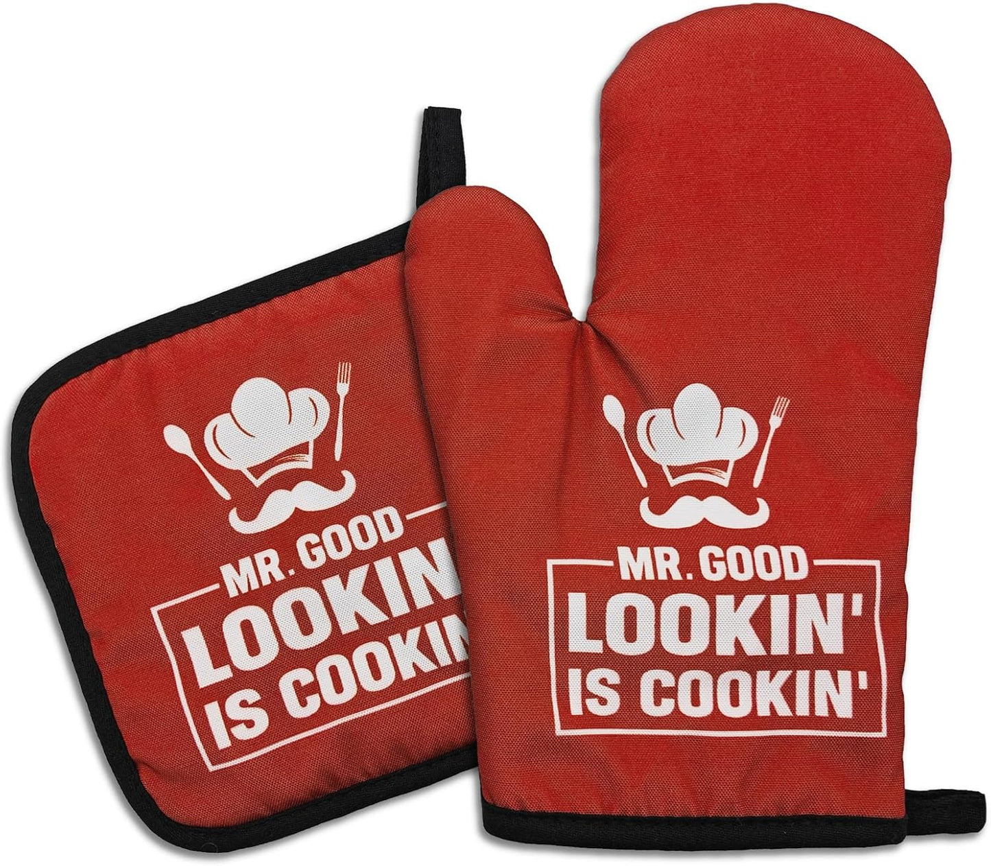 Red Oven Mitts and Pot Holders（Set of 2） Mr.Good Lookin' is Cookin' Heat Resistant Mitts Silicone Non-Slip Oven Mitts with Hanging Loop Great Birthday Gifts for Men Chef Husband Dad Friend