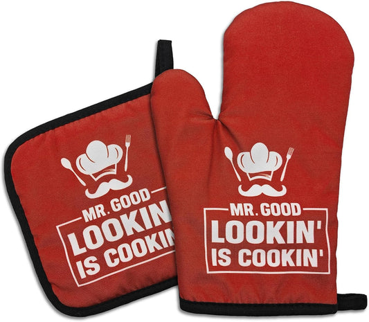 Red Oven Mitts and Pot Holders（Set of 2） Mr.Good Lookin' is Cookin' Heat Resistant Mitts Silicone Non-Slip Oven Mitts with Hanging Loop Great Birthday Gifts for Men Chef Husband Dad Friend