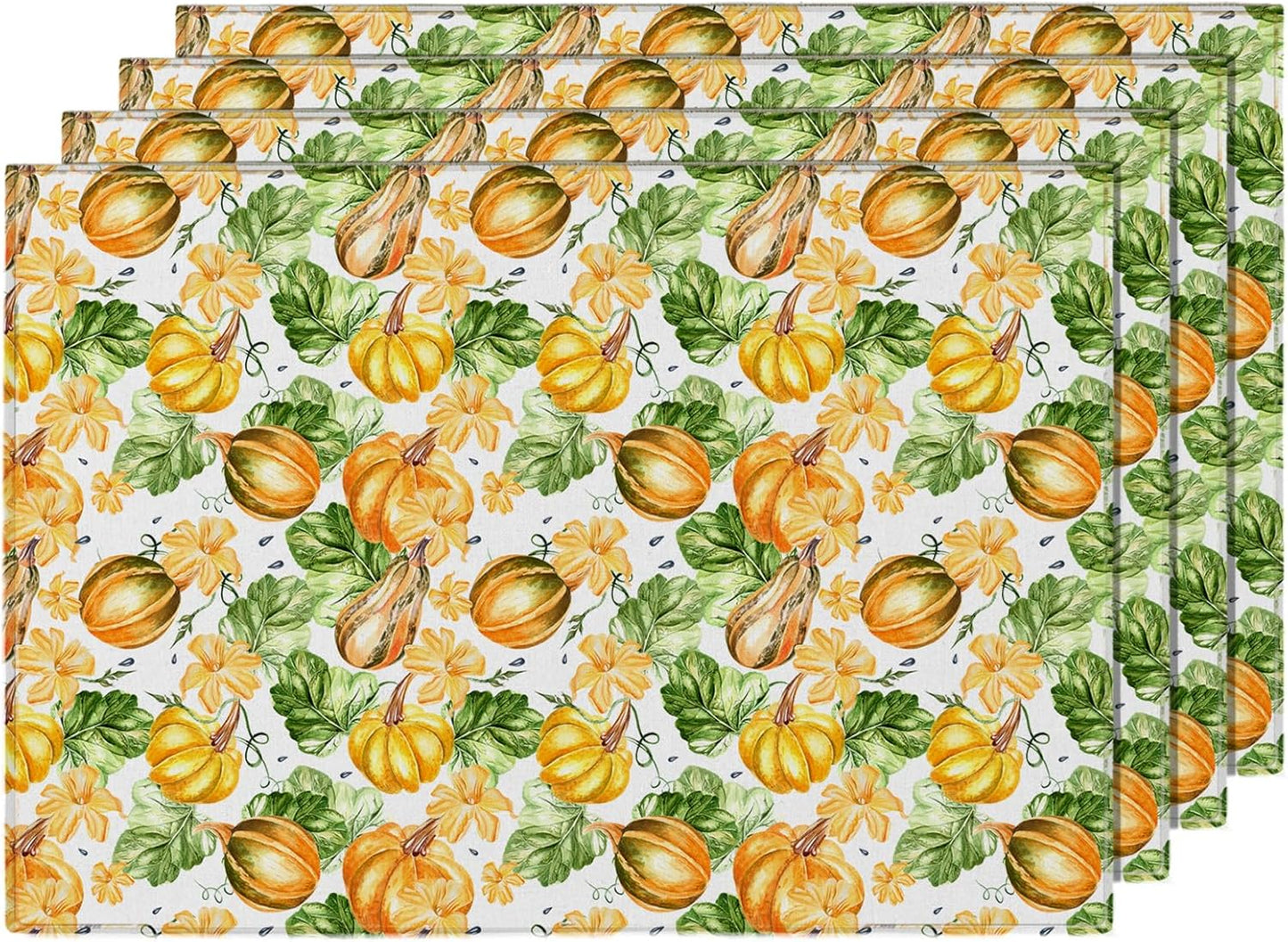 MANSPHIL Fall Pumpkin Placemats Set of 4 Thanksgiving Fabric Place Mats Autumn Harvest Table Decor - Farmhouse Table Mats for Dining Kitchen Washable Wrinkle Free 13x19 Inch Oeko Tex Placemat