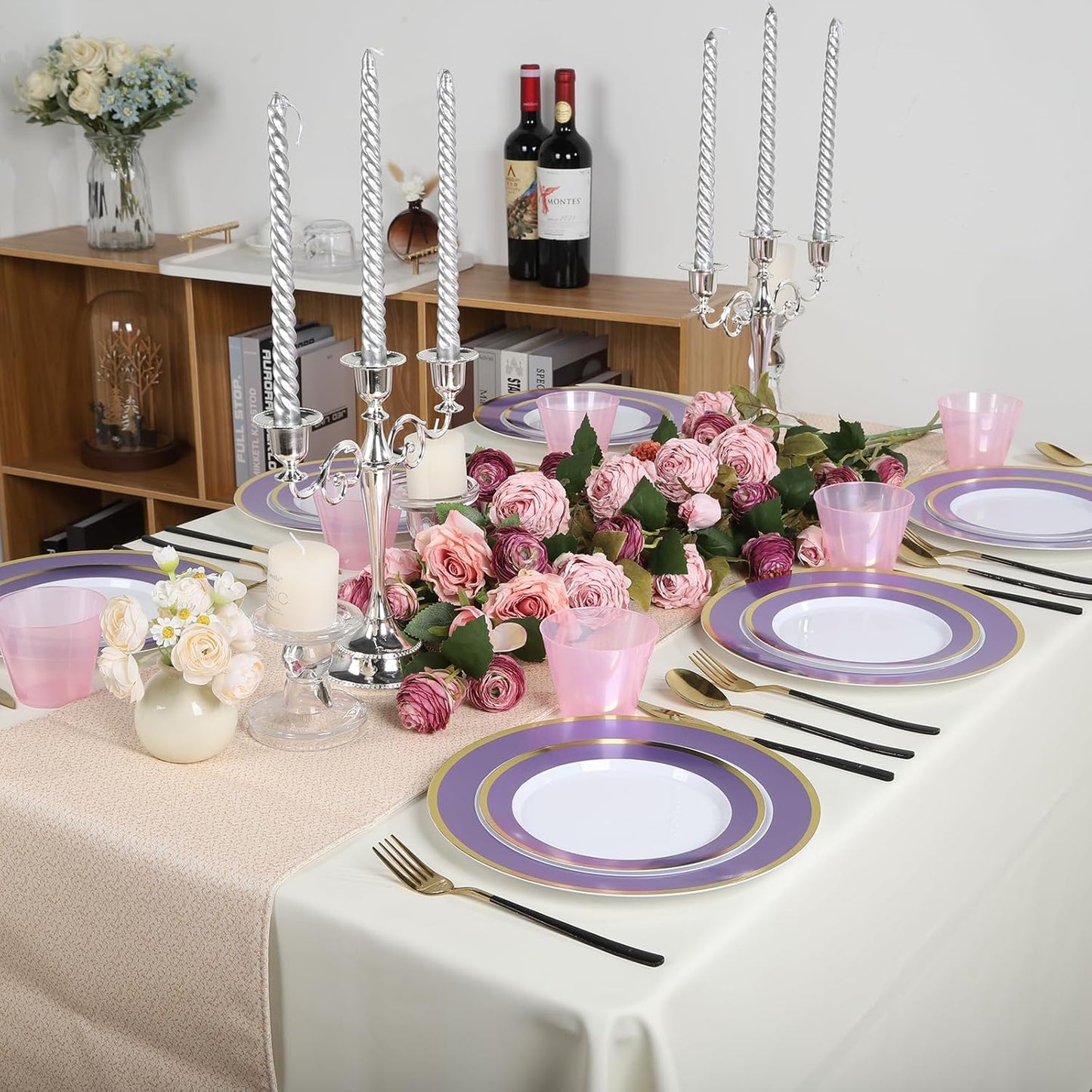 100PCS Purple Disposable Plastic Plates Include 50PCS 10.25inch Dinner Plate and 50PCS 7.5inch Dessert Plate Heavy Duty Plastic Dinnerware for Party Wedding Anniversary New Year