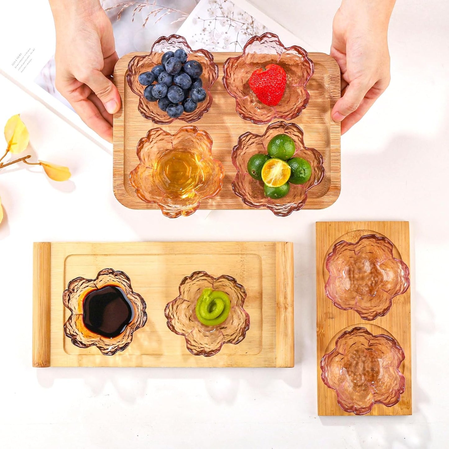 WHJY 8 pack Cute Sauce Dishes Glass Dish Set for Soy Sauce Snacks Tea Bag Mini Glass Bowls Clear Pink Cherry Blossom Soy Sauce Dishes