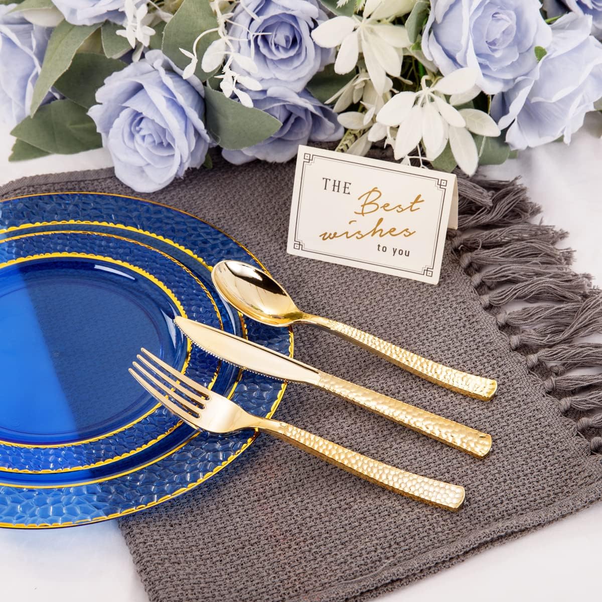 Nervure 150PCS Clear Blue Plastic Plates - Gold Party Plates - Blue and Gold Dinnerware Set Include: 50 Disposable Plate, 25Cups, 25Forks, 25Knives, 25Spoons for Wedding & Party & Father's Day