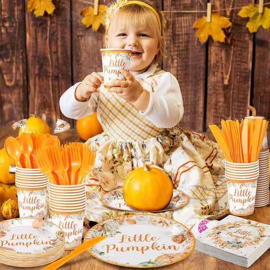 Dandat 350 Pcs Baby Shower Plates Set Baby Shower Party Supplies Serves 50 Tableware Sets Include Plates Napkin Cup Forks Knives Spoons Disposable Dinnerware(Little Pumpkin,Orange)