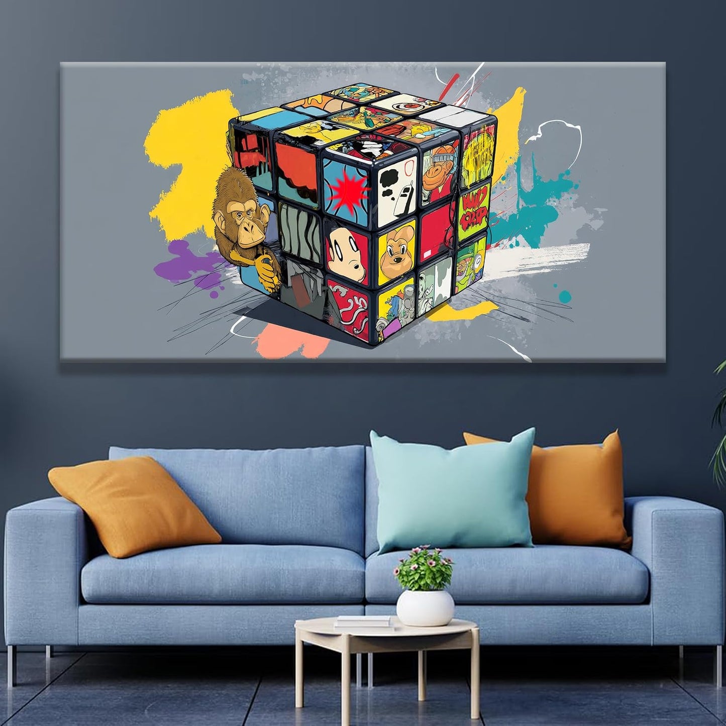 Suconvng Large Abstract Wall Art Graffiti Cube Wall Art Picture Painting Canvas Art Wall Decor Artwork Print Picture For Bedroom Multicolor Office Home Wall Decor Artwork 29 X 58 In