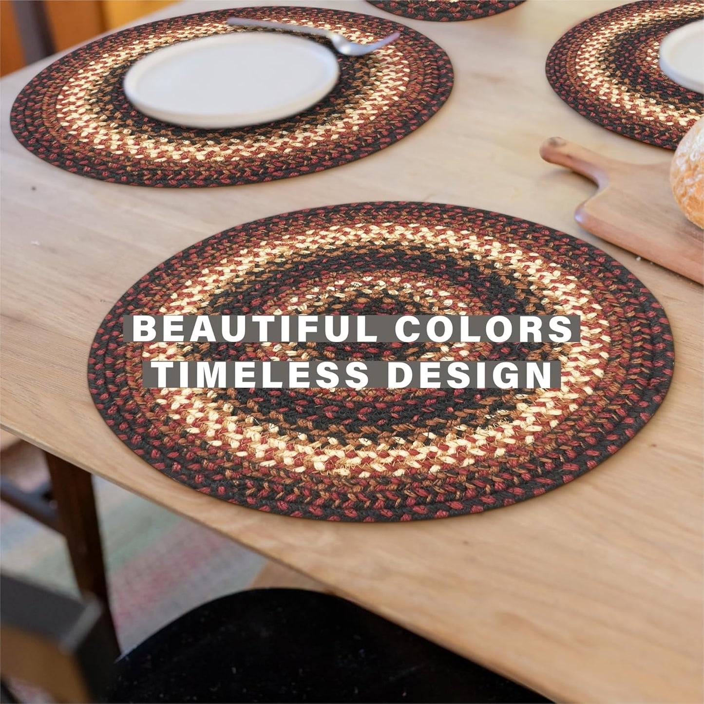 Prescott Jute Woven Round Placemats Set of 6, 15", Country Primitive Decor, Black and Red Table Mats - Vibrant Colors, Durable, Easy to Clean and Protects Furniture