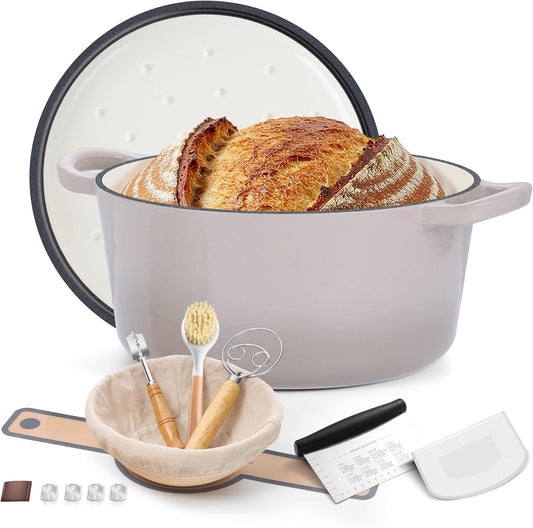 E-far Enameled Dutch Oven Pot for Bread Baking, 6QT Enameled Cast Iron Cookware with Self-Basting Lid & Sourdough Bread Baking Supplies, Heavy Duty Casserole Pot & Dual Handles-Khaki