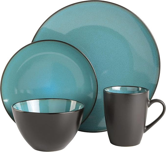Gibson Elite Soho Lounge 16-Piece Round Reactive Glaze Stoneware Dinnerware Set, Service for 4 – Teal Plates and Bowls
