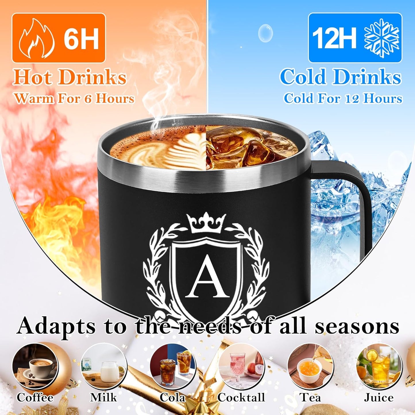 Personalized 14 Oz Insulated Coffee Mug with Lid Handle Stainless Steel Spill Leak Proof Heavy Large Reusable Thermal Travel Hot Tea Cup Camping Big Water Tumbler Custom Cool Men Dad Gifts,A