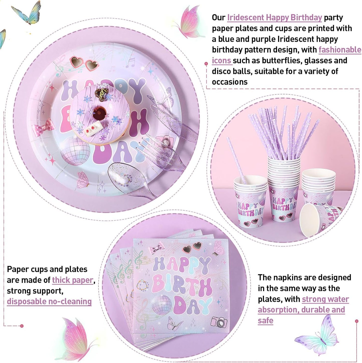 Sawysine 202 Pcs Iridescent Happy Birthday Party Supplies Disposable Dinnerware Set 50 Plates 25 Cups 25 Napkins 25 Plastic Forks 25 Knives 25 Spoons 25 Straw Flag Tablecloth to Serve 25 Guests