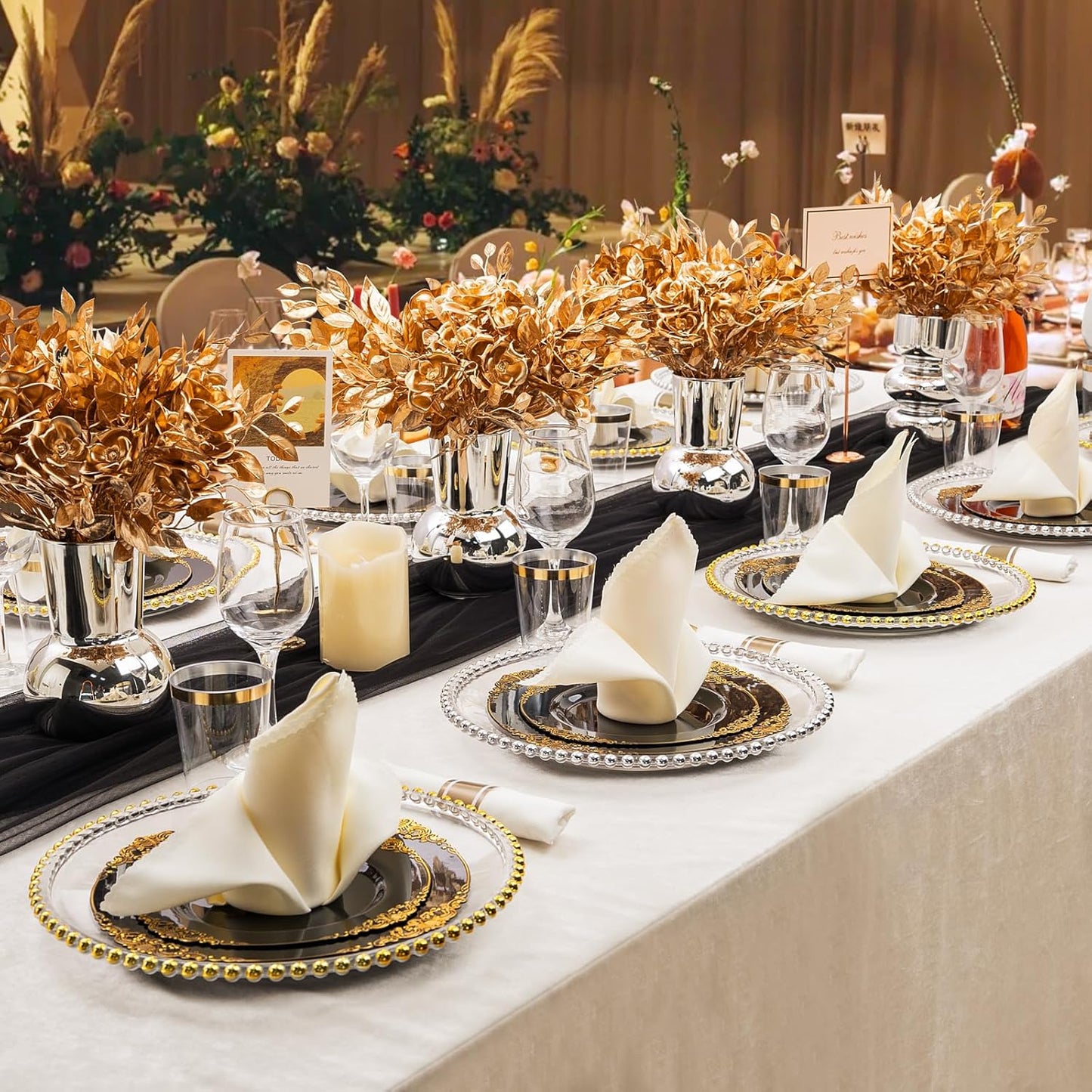 Hioasis 175pcs Black and Gold Plastic Plates - Elegant Disposable Dinnerware Set Suitable for 25 Guests Include 10.25" Dinner & 7.5" Dessert Plates, Cutlery, Napkins, Cups for Party & Halloween