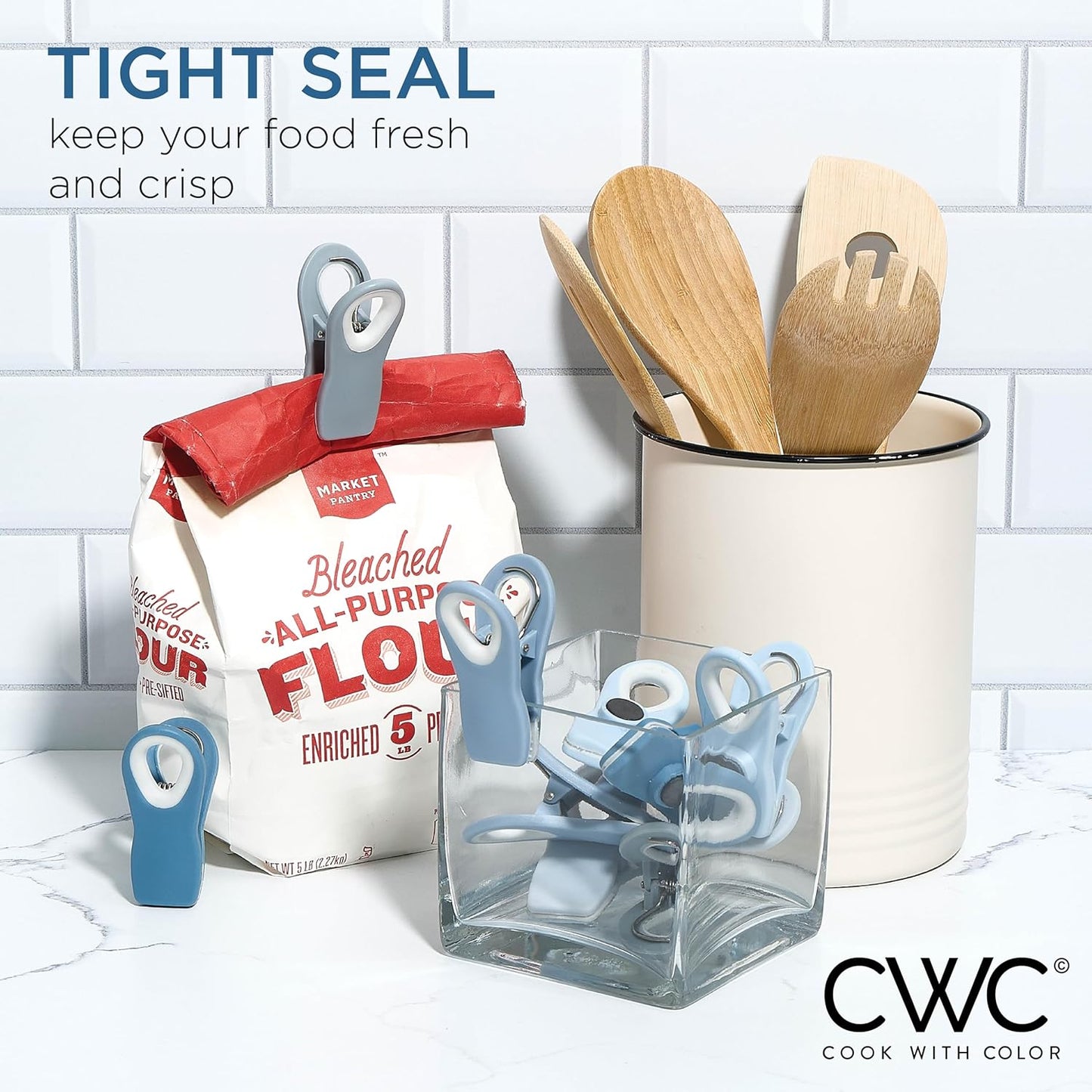 COOK WITH COLOR Bag Clips with Magnet - Chip Clips, Food Storage with Airtight Seal Grip for Bread, Snack and Food Bags (Blue and Grey, Pack of 10)