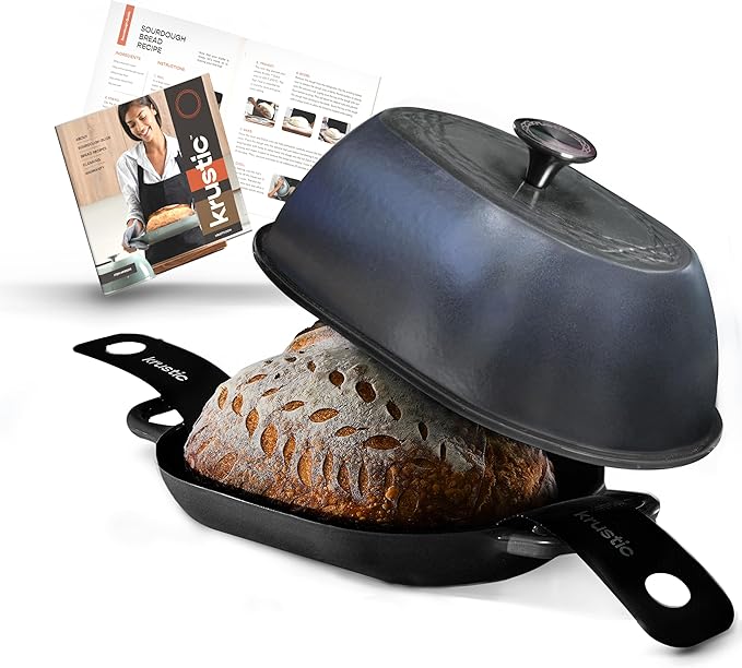 Enameled Cast Iron Dutch Oven for Professional Sourdough Bread Baking | 5.5 Quart Loaf Size Oval Cookware Pot with Lid | Triple-Layer Enamel Coating Pan with Non Stick Silicone Mat | Black