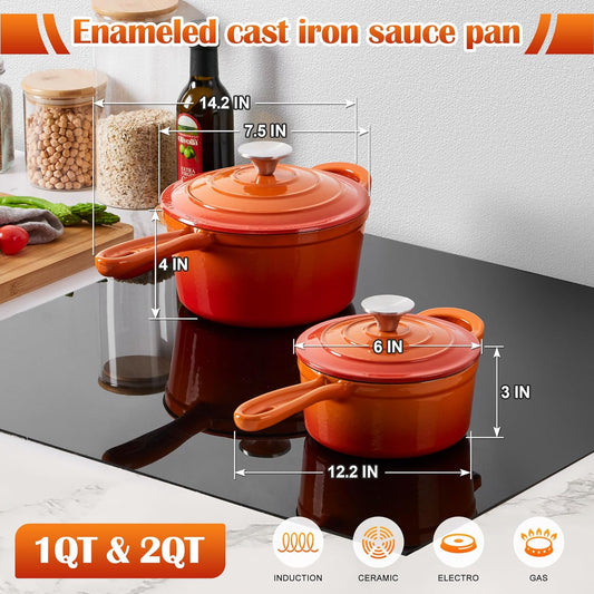 E-far Sauce Pan Set with Lid, 1Qt & 2Qt Enameled Cast Iron Pot Sets for Kitchen Cooking, Small Heavy Duty Dutch Oven Saucepans & Self-basting Lids, Induction-Ready & Easy Clean, Orange