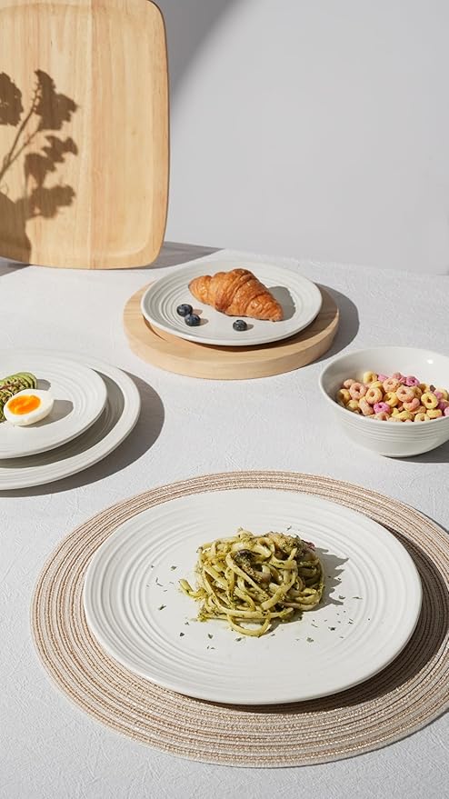 Famiware Plates and Bowls Sets 18-Piece Stoneware Dinnerware Sets, Dishes Set for 6, Hand-made Reactive Glaze Dish Set, Twilight Series, White