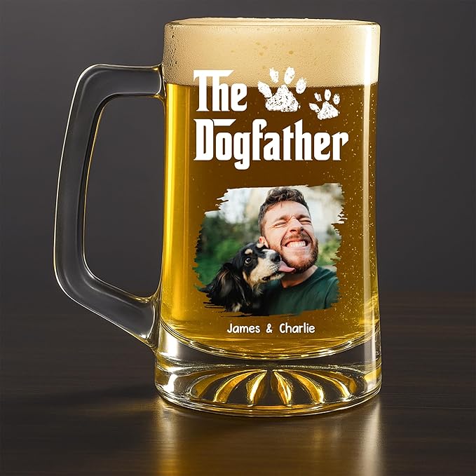 Wrappiness Gift for Dad - Cool Dog Father Personalized Beer Glass With Handle, Custom Photo and Names Lovely Fathers Day Pet Papa Gift for Men Pet Lovers, Cute Puppy Owner Drinking Cup
