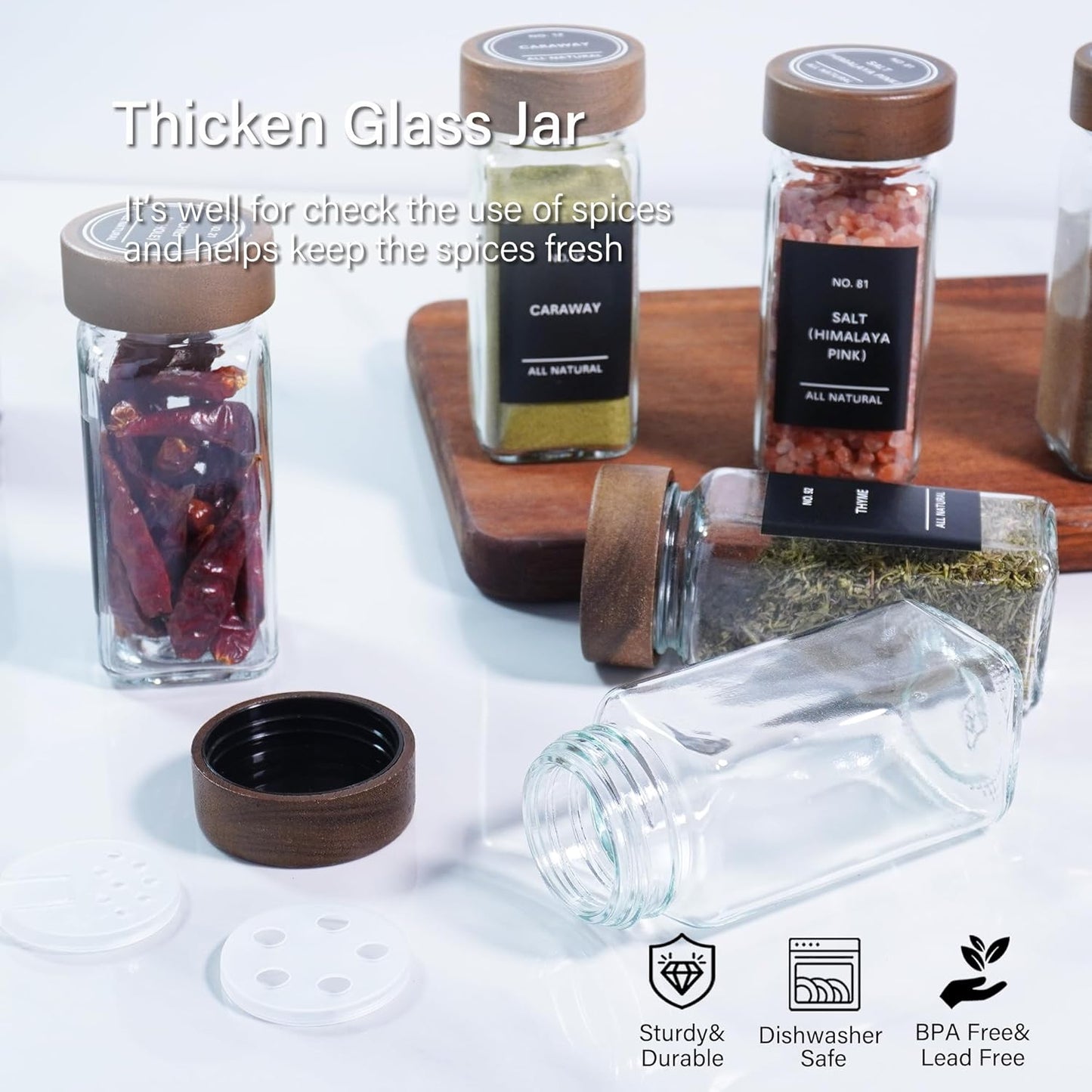 Spice Jars with Labels 24 Pack 4 oz Glass Spice Containers with Wooden Lids, Empty Seasoning Jars Set with Funnel, Brush & Marker, Square Glass Jars for Kitchen Pantry Organization & Storage
