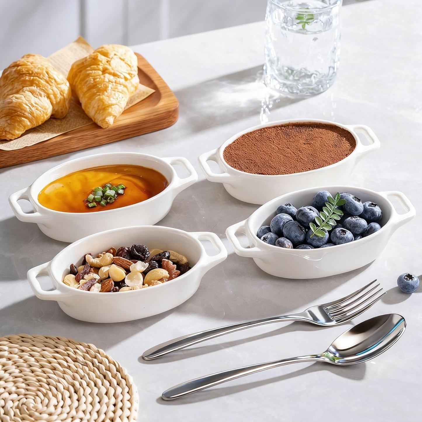 4-Pack Oval Creme Brulee Ramekins, 4 oz Mini Porcelain Souffle Dish, Ramekins Oven Safe with Double Handles (White)