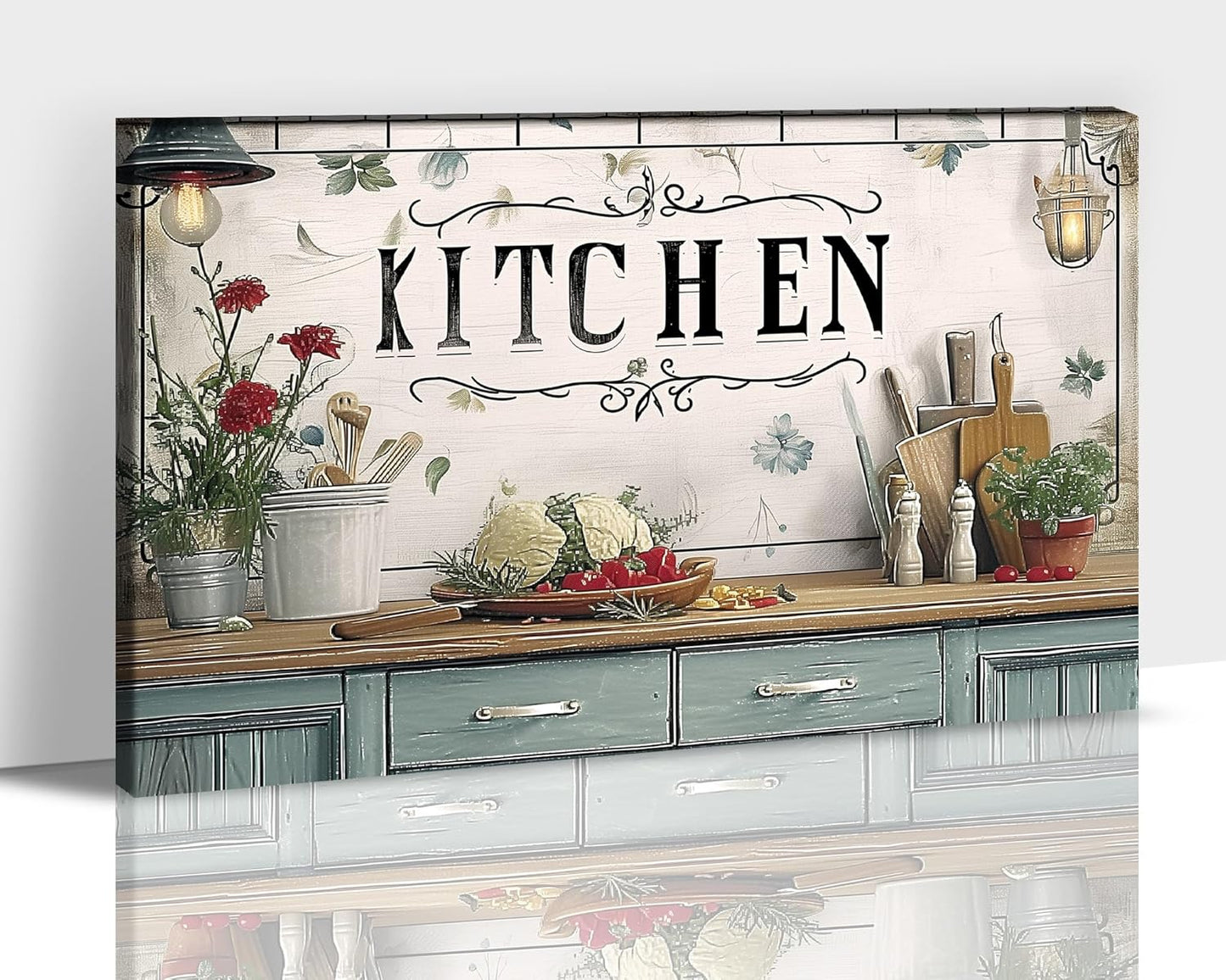 GUTTATY Kitchen Pictures Wall Decor, Farmhouse Wall Art Decor Flowers And Kitchen Utensils Painting for Dinning Room Restaurant Decor, Mother's Day Gift for Grandma Mom Hanging Artwork 24×36 Inch