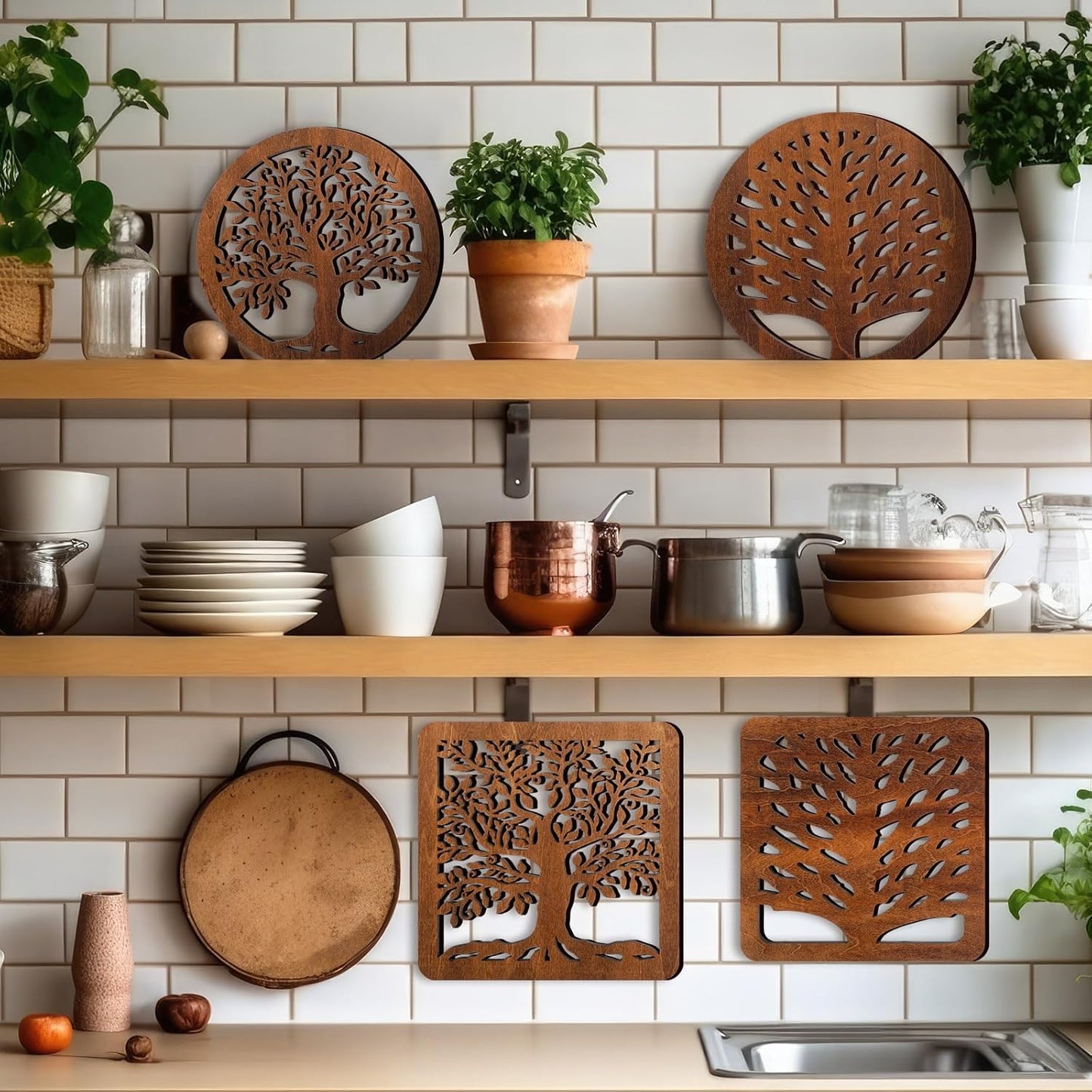 5 Pcs Life Tree Wooden Trivets with Storage Rack Hot Pads Trivets for Hot Dishes Pots and Pans Heat Resistant Mat Set Tea Pot Holders for Kitchen Dining Table(Dark Wood)