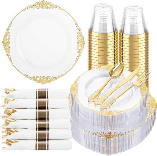 Hioasis 175pcs Clear and Gold Plastic Plates - Elegant Disposable Dinnerware Set Suitable for 25 Guests Include 10.25" Dinner & 7.5" Dessert Plates, Pre Rolled Silverware Set, Cups for Party & Wedding