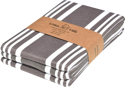 Urban Villa Kitchen Towels 100% Cotton Pack of 3, Highly Absorbent Quick Drying Super Soft Premium Dish Towel for kitchen with Hanging Loop Hand & Tea Towels - 20x30 Inch, (Dove Grey & White, Striped)