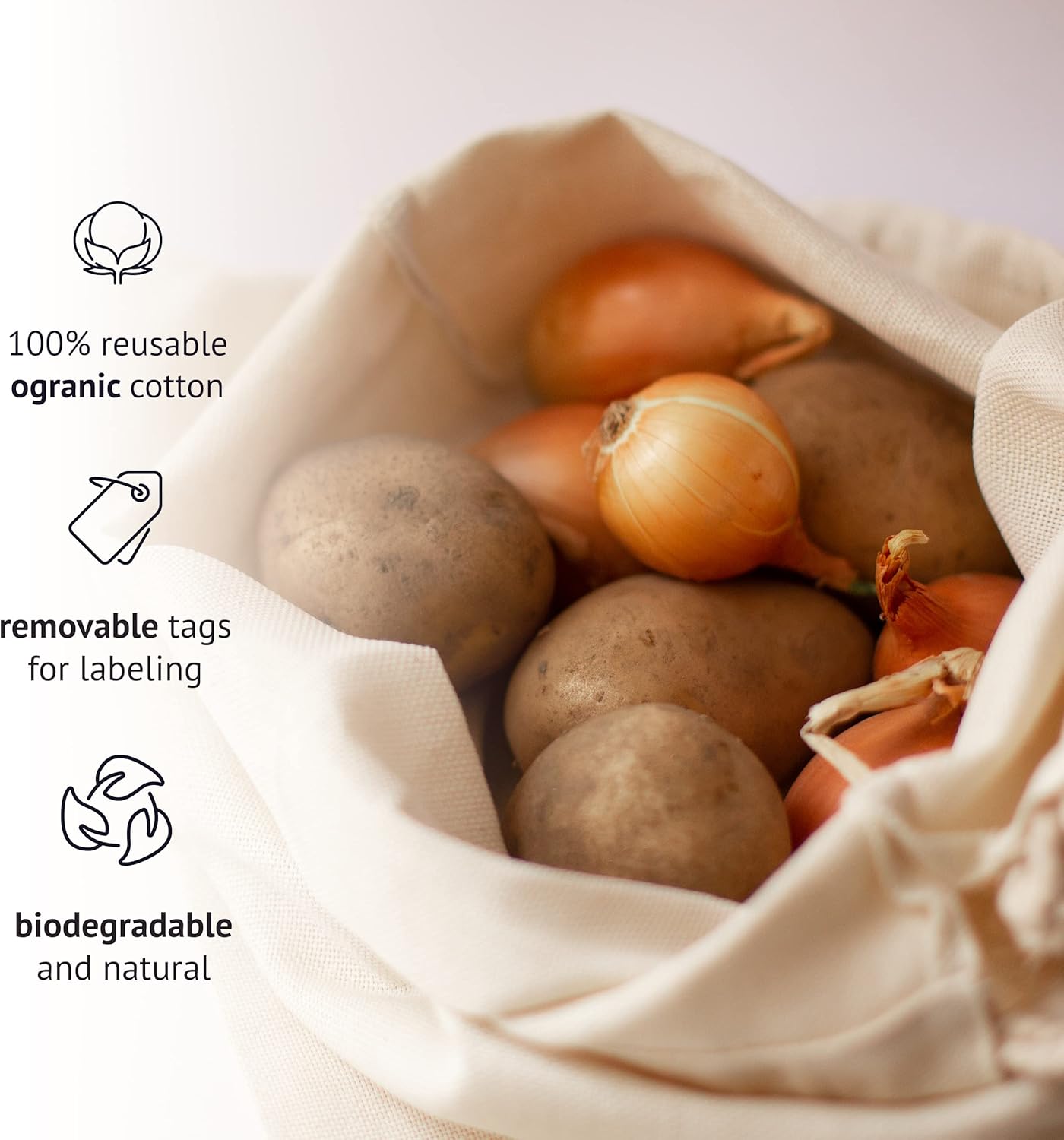 Cotton Storage Bags – X-Large 14x17 Inch (6-Pack) – Reusable Muslin Bags with Drawstrings – Biodegradable Canvas Fabric Sacks – Perfect for Bread, Bulk Produce, Potatoes, Onions, Shoes