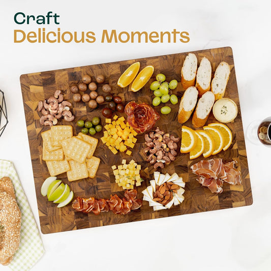 Yes4All Large Teak Cutting Boards for Kitchen, 20"x15"x1.5" End Grain Butcher Block with Food-Friendly Surface, Durable Wood Chopping Board with Juice Grooves and Easy-Grip Handle for Home Prep